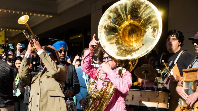After the afternoon screening of A Tuba to Cuba, the Preservation Hall Jazz Band led a second line parade from the Paramount Theatre to the Mohawk. Photo by Jordan Hefler After the afternoon screening of A Tuba to Cuba, the Preservation Hall Jazz Band led a second line parade from the Paramount Theatre to the Mohawk. Photo by Jordan Hefler
